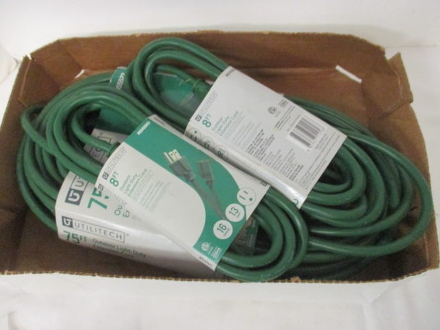 3 New Old Stock Utilitech Outdoor Extension Cords: (1) 75' and (2) 8' 