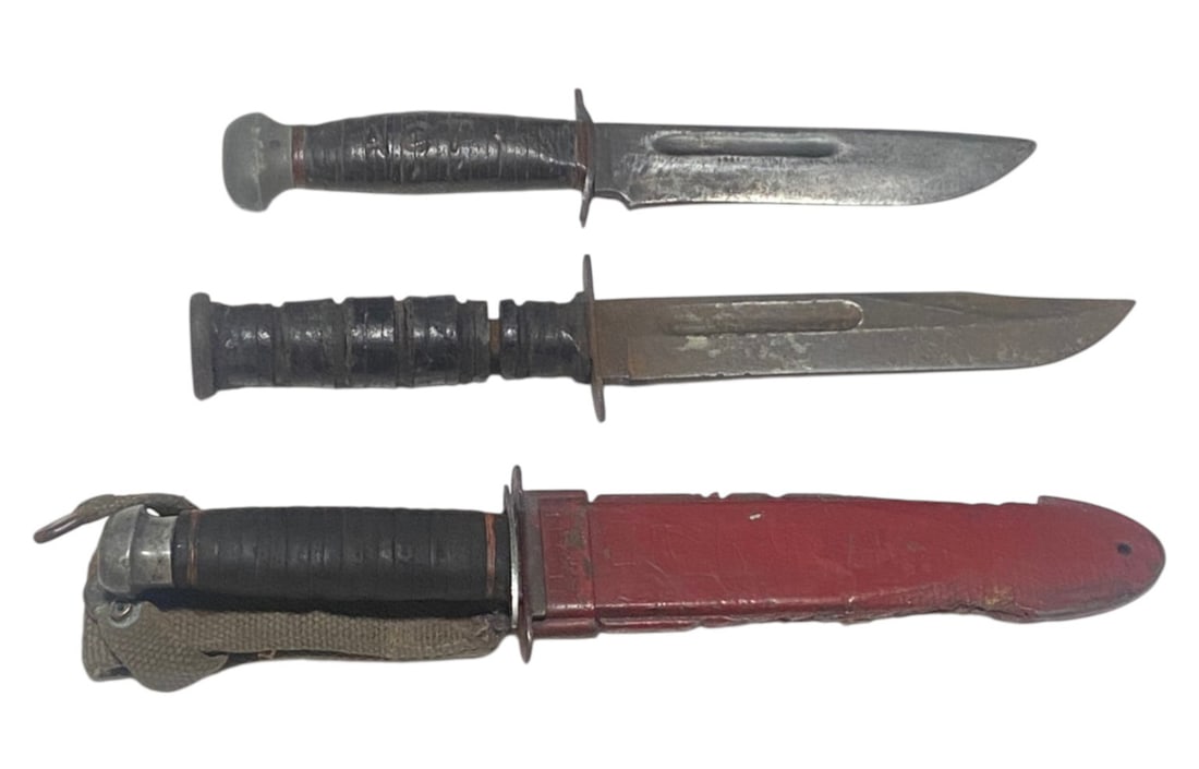 (3) US WWII Fighting Knives: (1) RH-PAL 36, (1) US Camillus NY | (1) Red Painted Scabbard, USN Marked 
