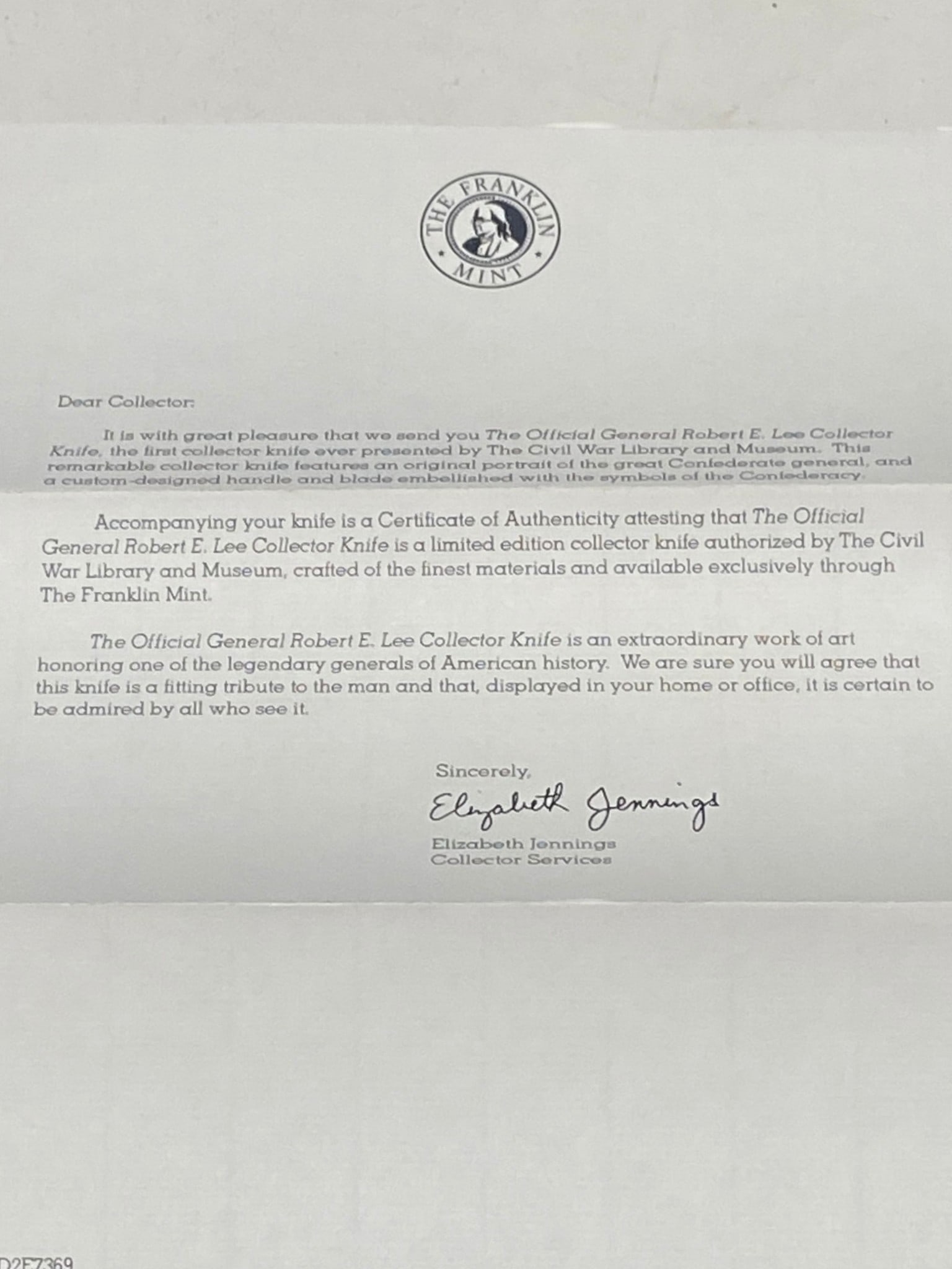 NIB Franklin Mint Knife "Robert E Lee" Collector Knife Model Number B11XA20 - 19