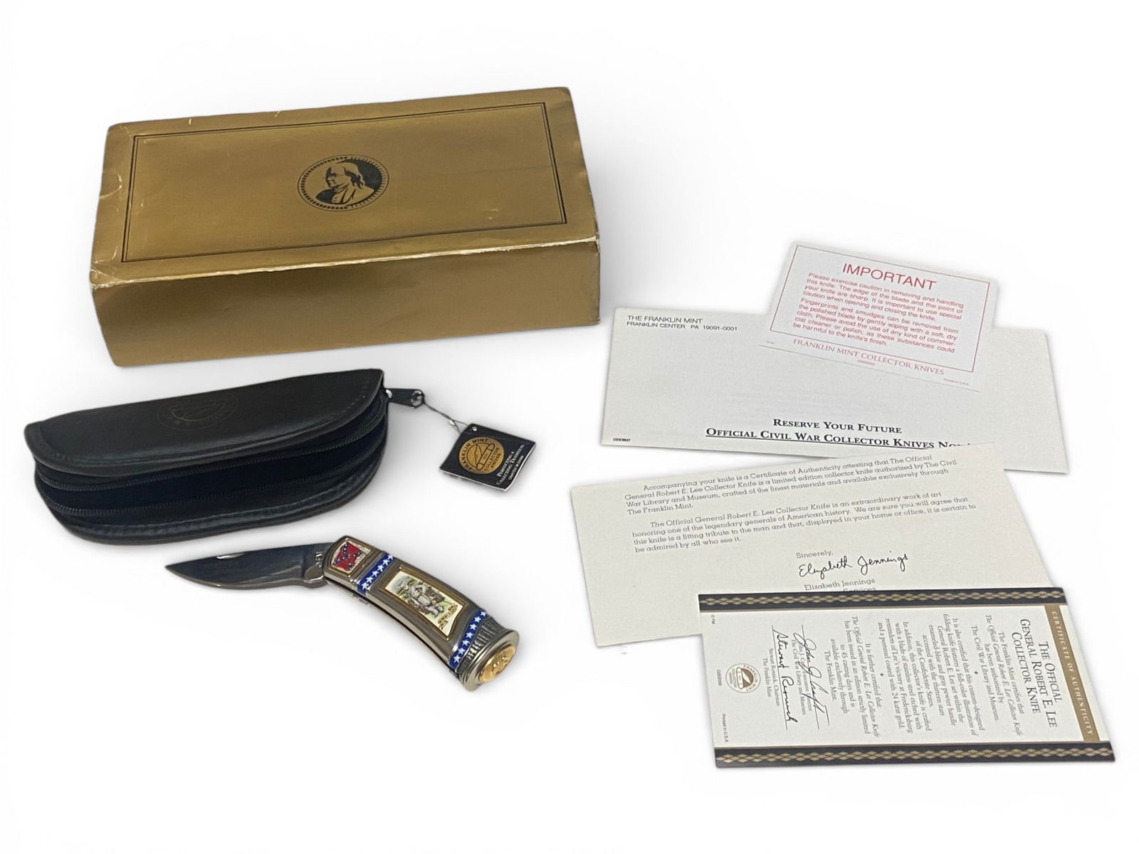 NIB Franklin Mint Knife "Robert E Lee" Collector Knife Model Number B11XA20: "The Battle of Fredricksburg VA | Comes in Factory Box with soft case and papers | See Photos 