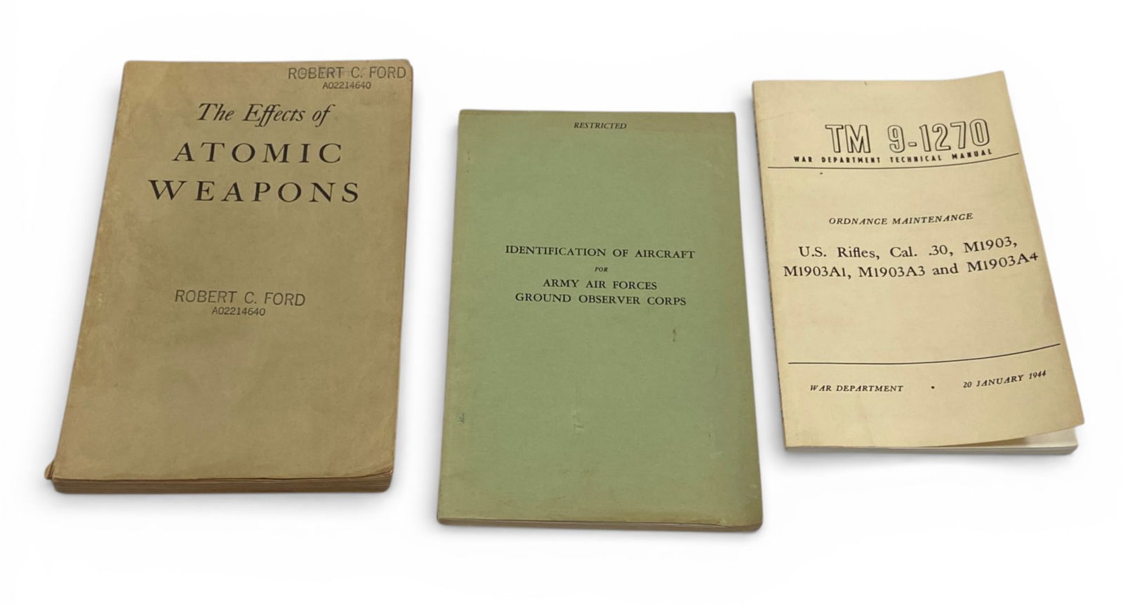 (3) Military Books : See photos. 1- U.S. Rifles, Cal. 30, M1903, M1903A1, M1903A3 and M1903A4 - Ordnance Maintenance, War Department Technical Manual, 1944- very good condition, 2- The Effects of Atomic Weapons by Robert