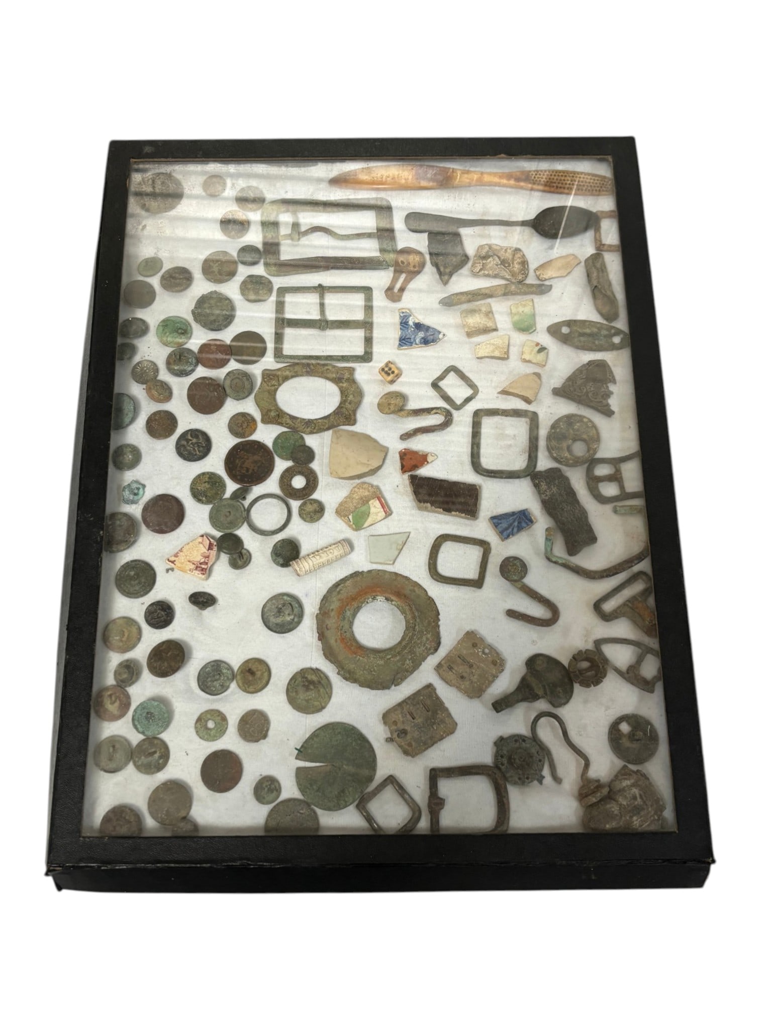 Civil War Ground Dug Riker Case: Buttons, Coins, Buckles, Parts to Sword, Pottery, Spoon, Personal Items, Ring, and Much More. See Photos. 