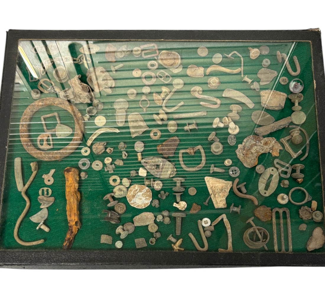 Civil War Ground Dug Riker Case: Buckles, Buttons, Percussion Caps, Hooks, and More. See Photos. 