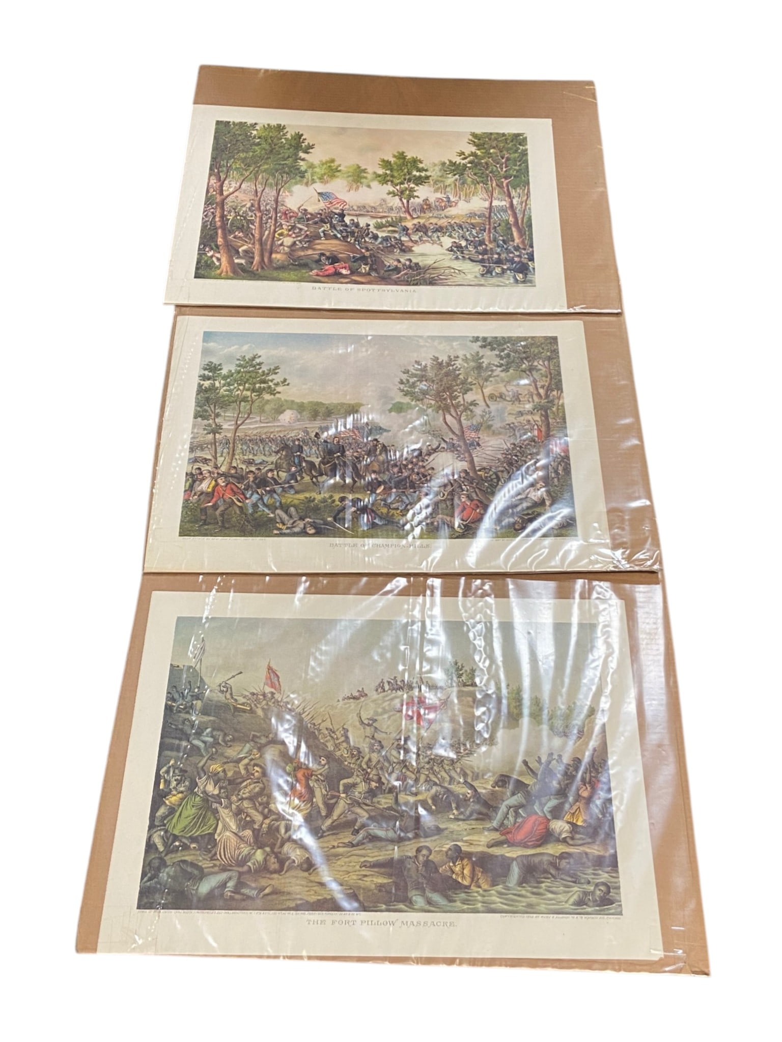 (3) Civil War Battle Prints: (1) Battle of Champion-Hills 1863, (1) Battle of Spottsylvania 1864, (1) Fort Pillow Massacre 1864 | All Measure 24"x18" 