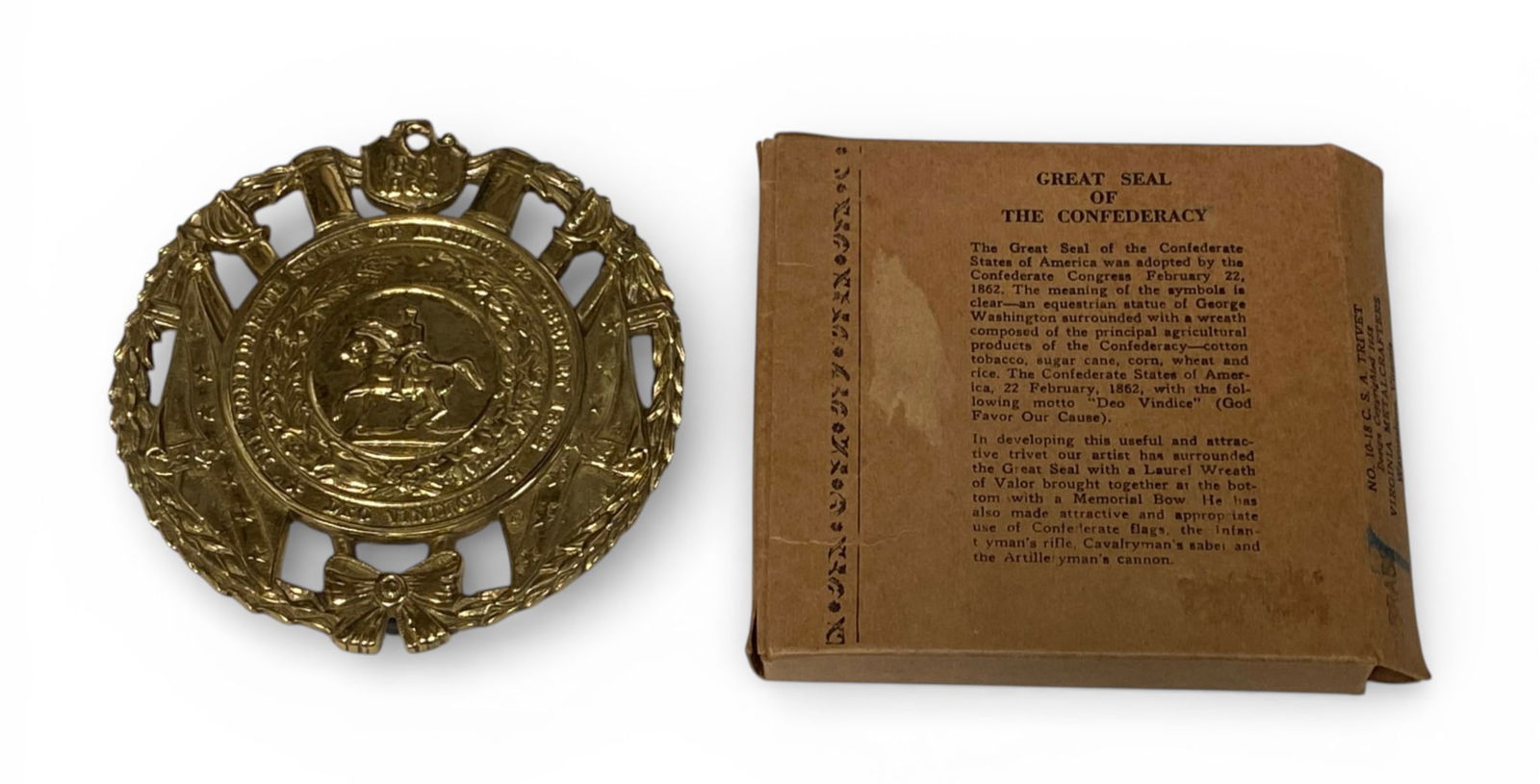 NIB Great Seal of The Confederacy NO. 10-18 CSA Trivet: New in Box Brass Construction by Virgnia Metal Crafters | Measures 5" Across 
