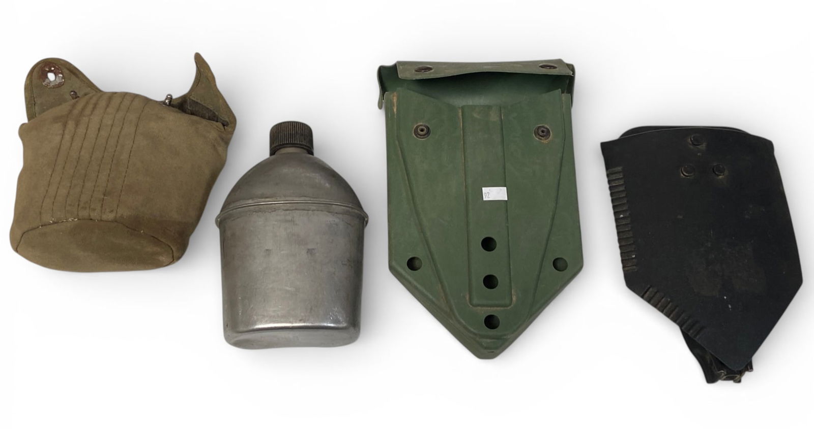 WWII Canteen 1945 Dated by Vollrath and Folding Shovel: Canteen is WWII Era, does not come with a cup, and the cover is made in Japan. 