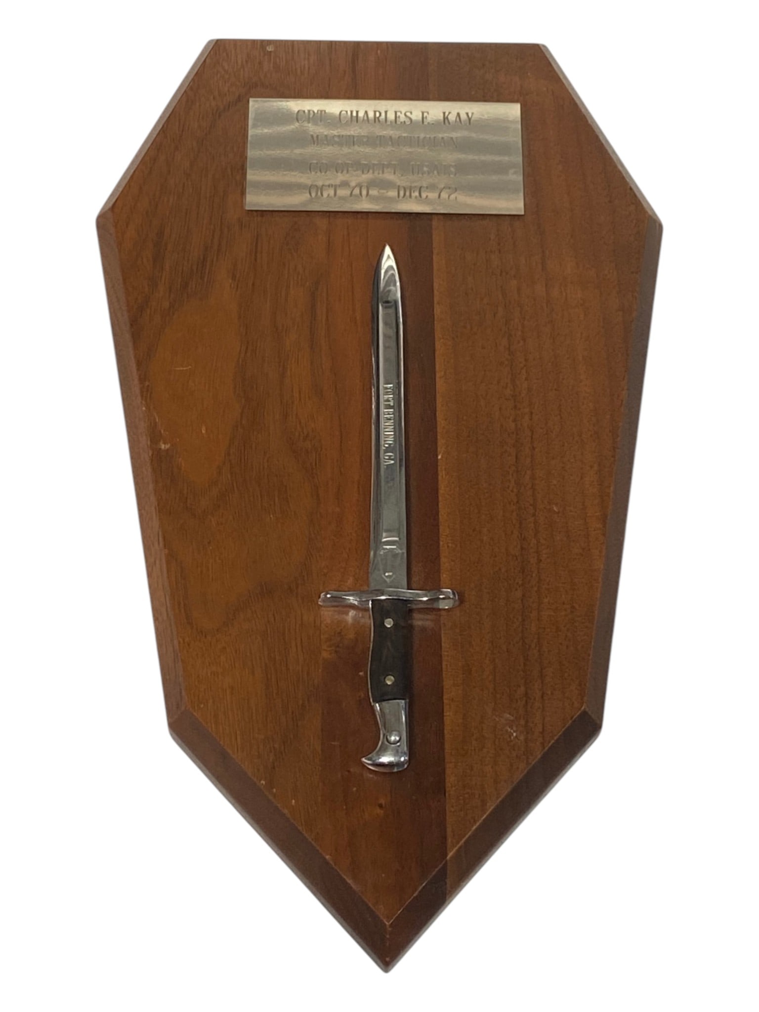 Fort Benning GA Master Tactition Award to CPT Charles E Kay: CO-OP DEPT. USAIS Oct 1970-Dec 1972. | Plaque Measures 14"x8" | Sword Measures APPRX 7.5" 