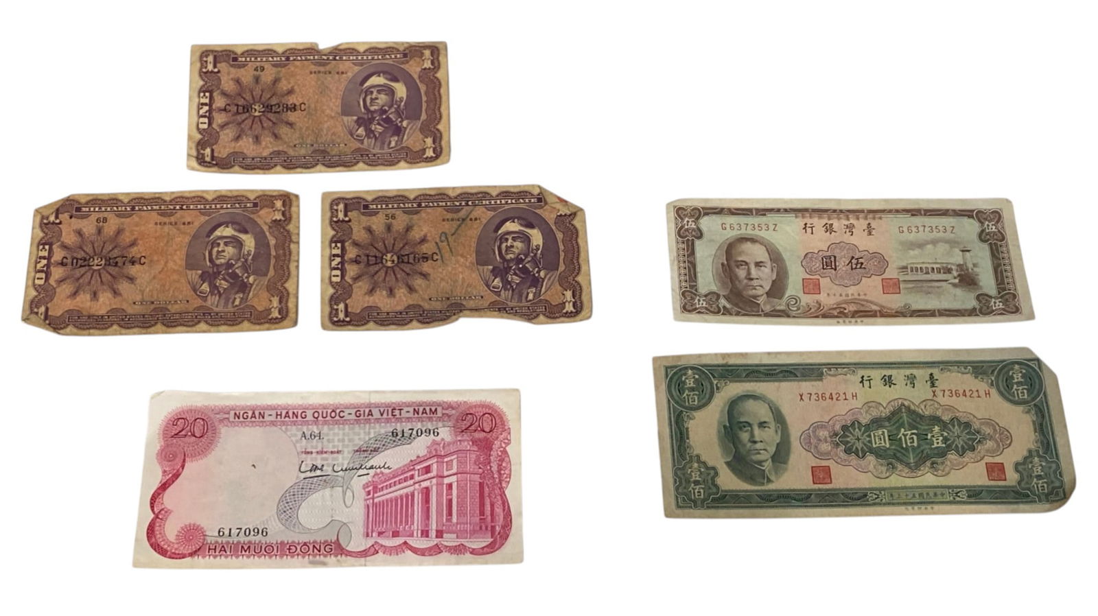 Lot of (6) Foreign / Asian Currency Notes and US Military Payment Certificates (1 of 2)