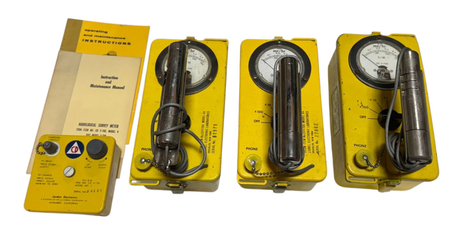(3) OCDM V-700 Model NO. 6B Radiological Servey Meters and (1) Dosimeter Charger: See Photos. Untested. 