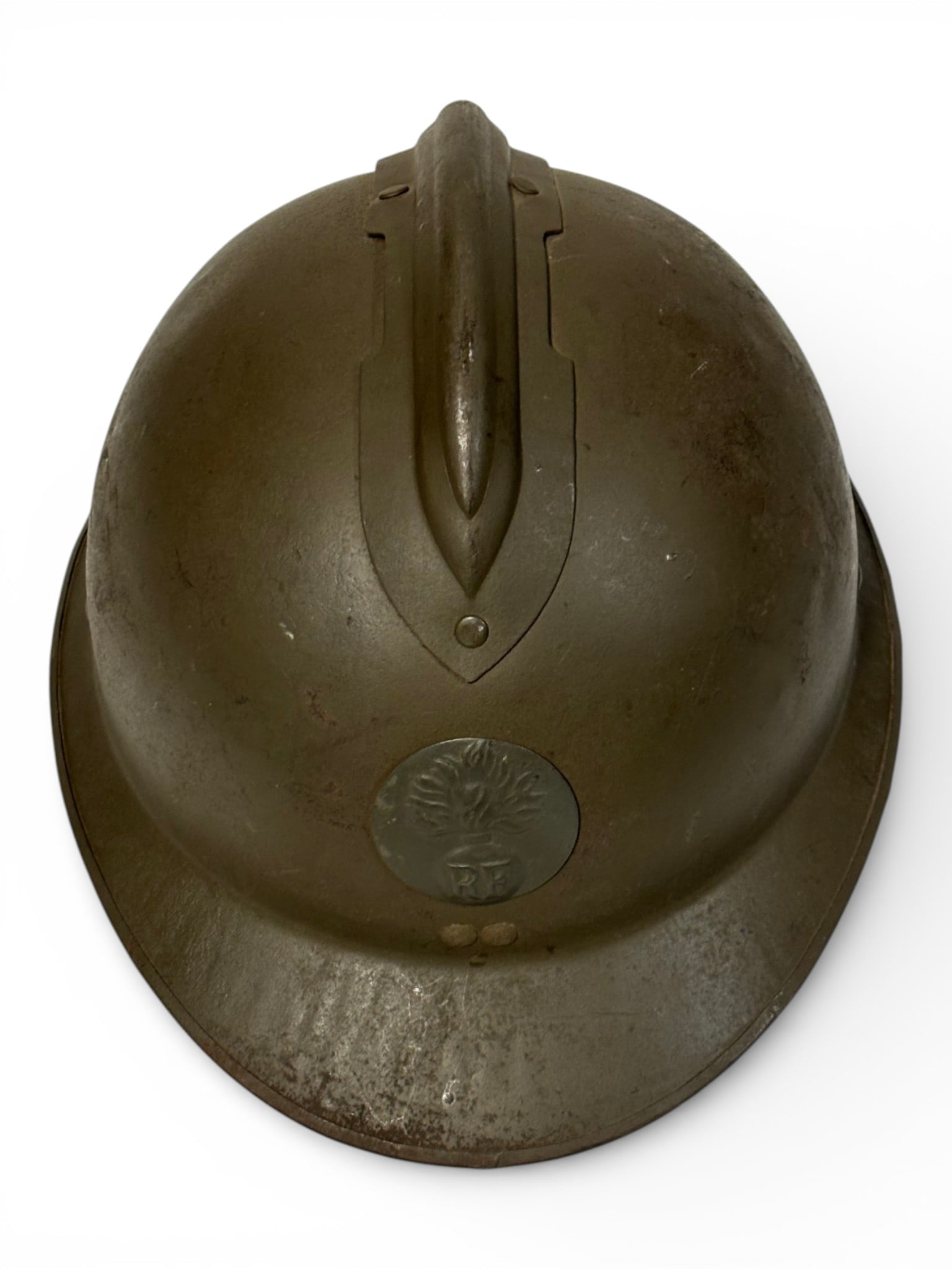 WWII French M1926 Adrian Helmet with RF Infantry Badge and Liner: Helmet looks to be in excellent condition. Nice Olive Green Paint. Black Liner. See Photos