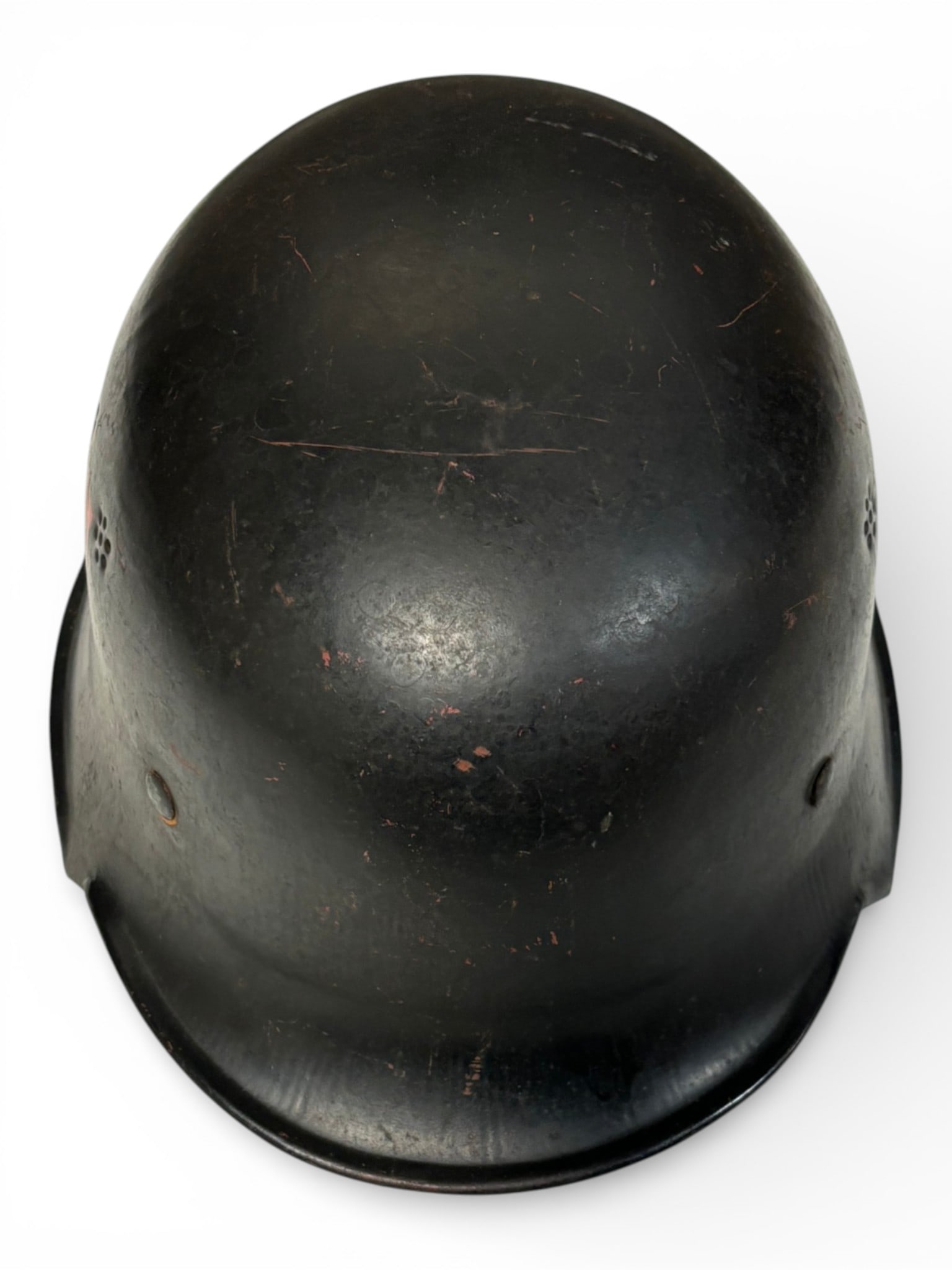 WWII German Fire/Police Helmet with Liner and Chinstrap: Helmet pad marked 59. No other markings are present. Has two nicely painted decals on left and right side. 