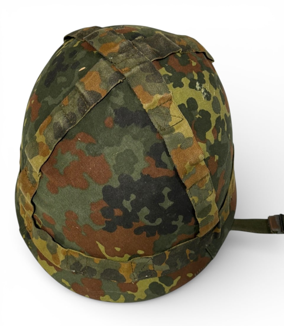 West German M62 Helmet with Liner, Chinstrap, and Flectarn Cover: Liner Ink Stamped 71/SH-6/94. Helmet appears to be in good condition. Size marked 57/61. 