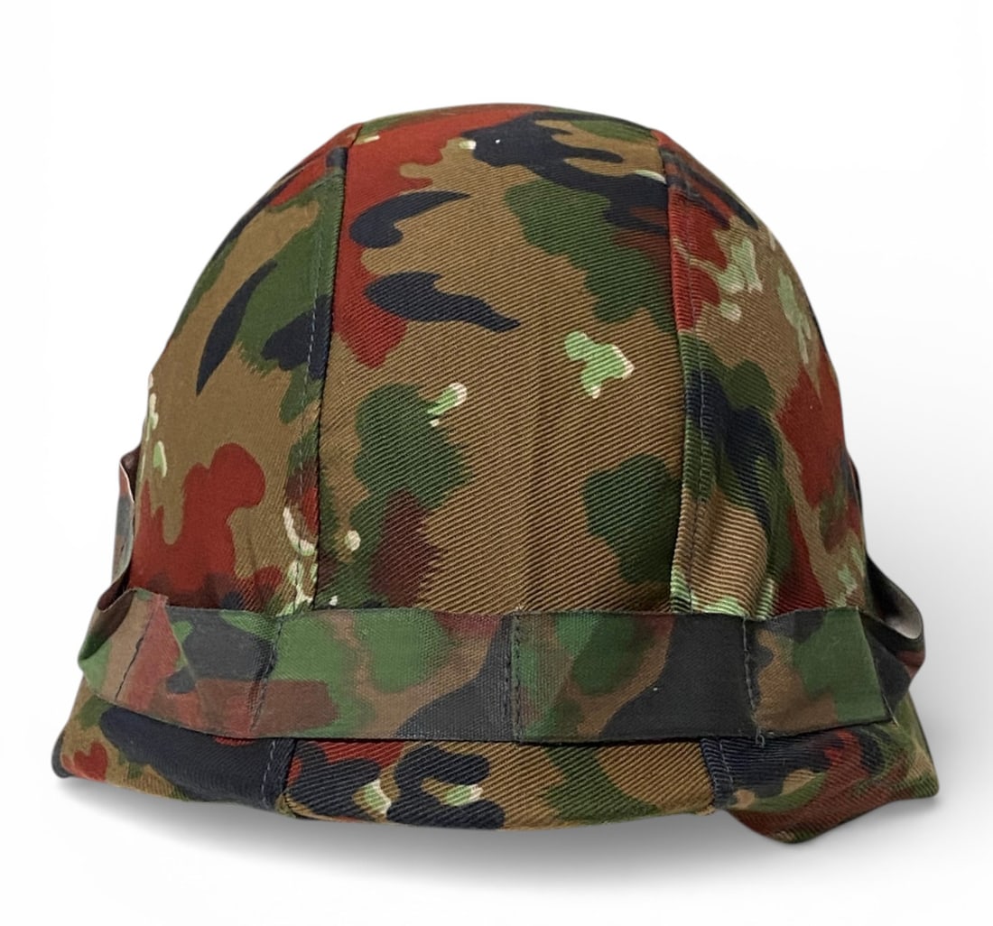Swiss M71 Helmet with Line, Chinstrap, and TAZ 83 Alpenflage: Nice Leather 3 Padded Liner with chin strap. The camo cover is in very good condition. Overall nice piece. 