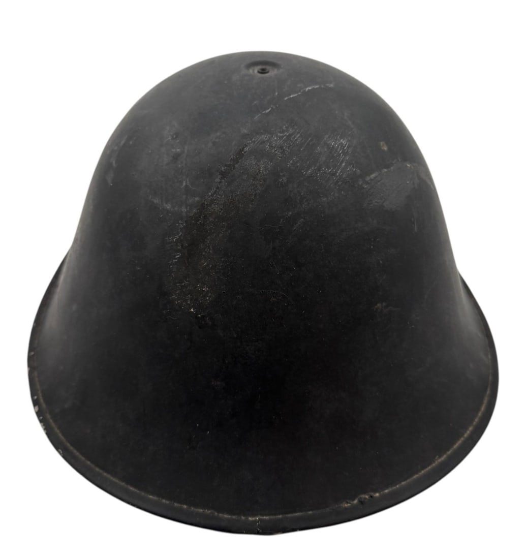 British MK IV Turtle Helmet with Liner and Chinstrap: Helmet is in very good condition with a black finish that shows some wear 