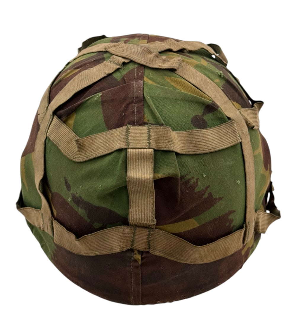 British GS Mk6 Helmet with Liner, Chinstrap, and Woodland Cover: Size Large. Manufactured 1986. 