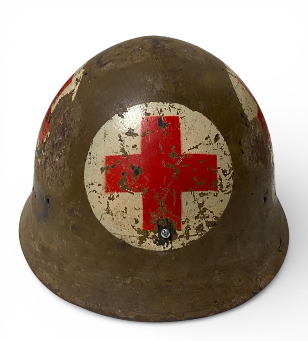 RARE WWII Japanese Type 90 Red Cross Medic Helmet: The painted japanese characters on inside on rim. The paint overall looks original. Nice battleworn material. No liner except for the temporary one held inside by modern screws. Very nice rare piece t