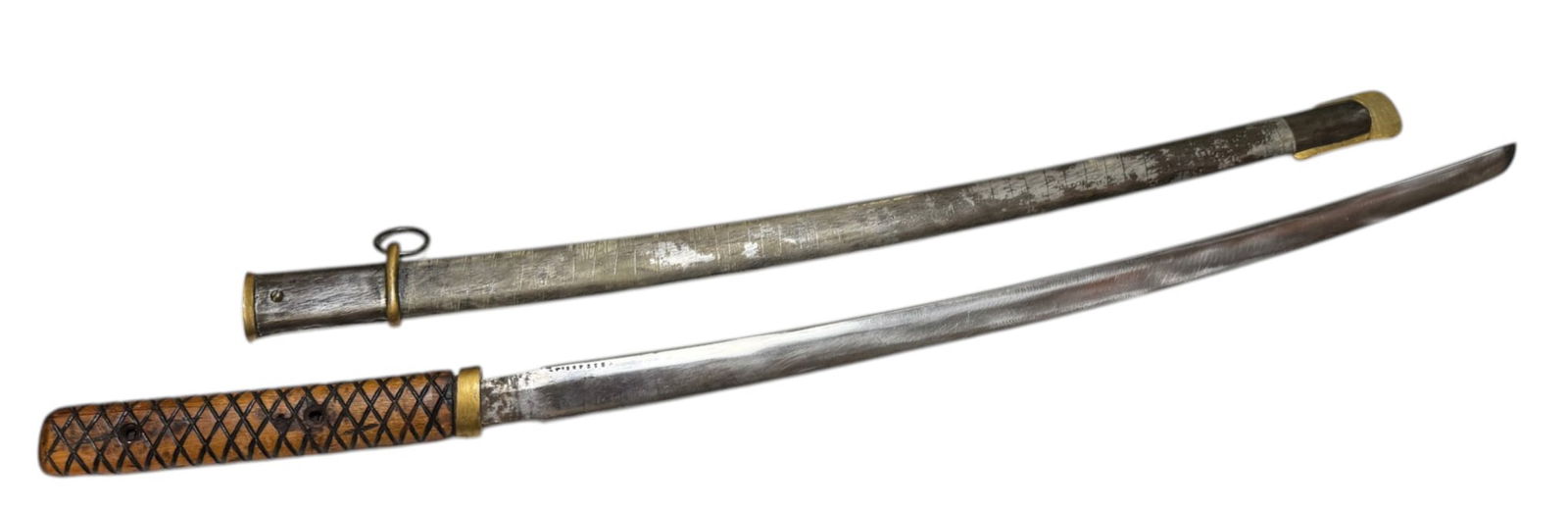 Rare Late WWII Japanese Army Type 95 Wood "Pineapple" Handle NCO Katana with Scabbard (1 of 20)