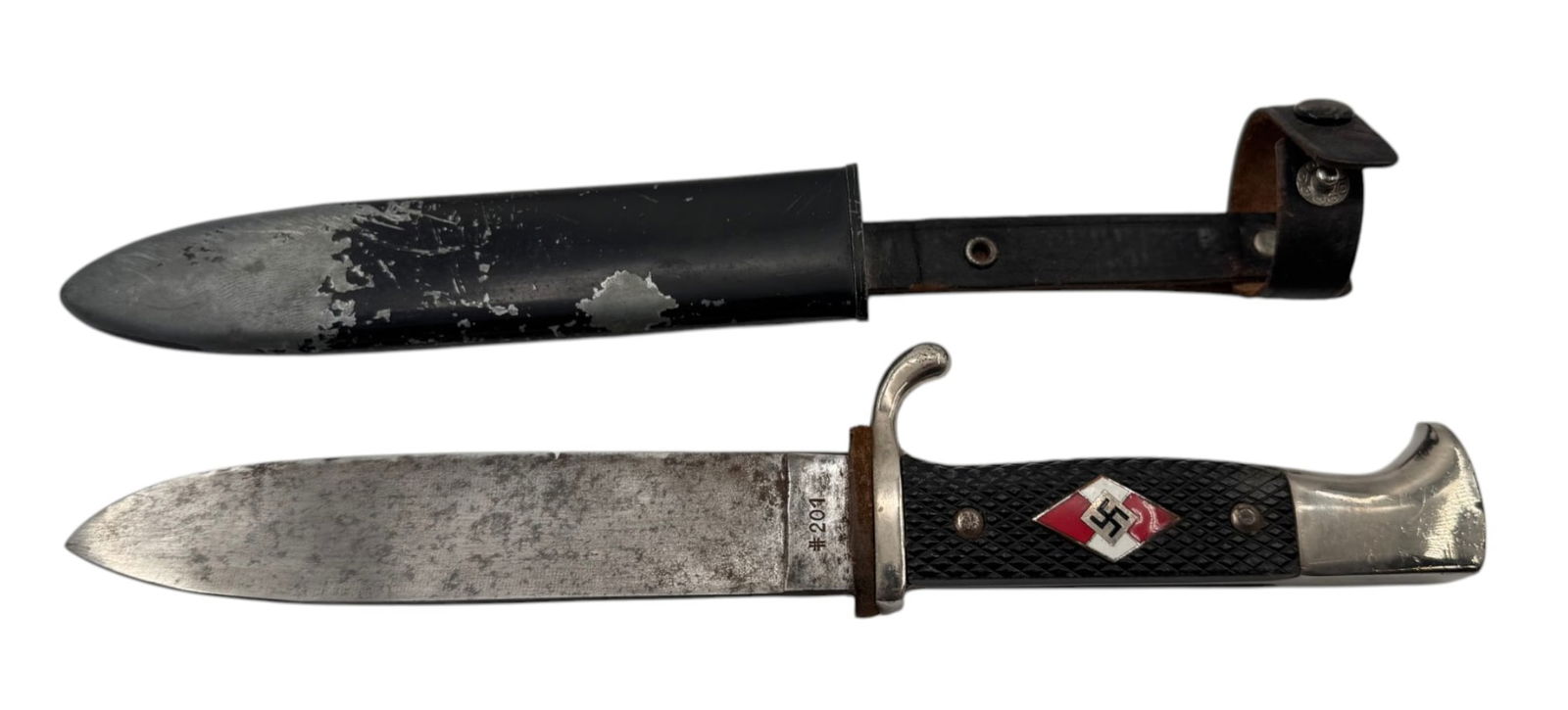 German Hitler Youth's Knife / Dagger with Scabbard: Dagger ricasso marked ALAMO/Solingen/Germany and the reverse is marked #201. See photos and determine authenticity and condition. 