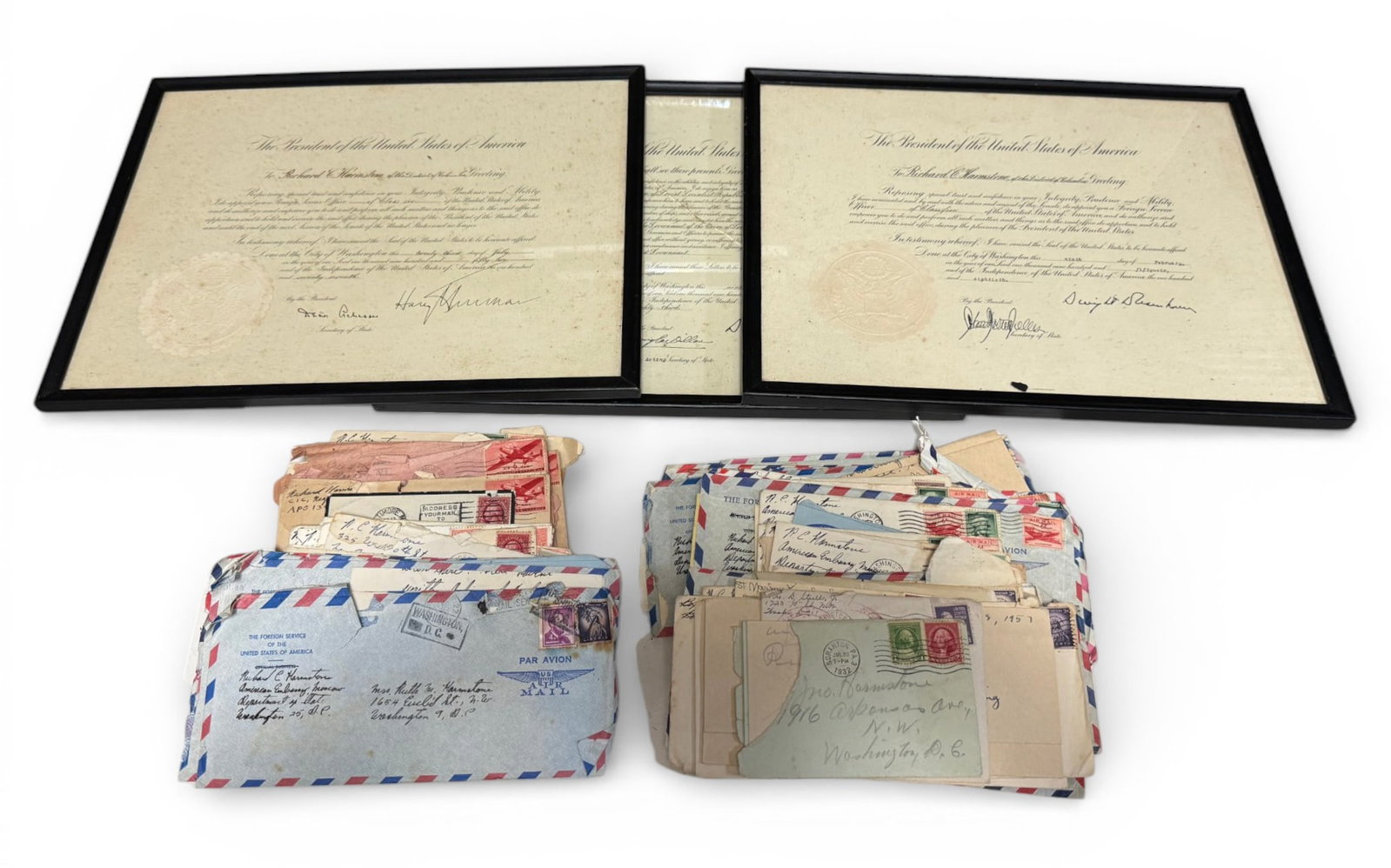 Personal Letters and Framed Awards to Richard Harmstone From The President: Apprx 50 Letters ranging from the 1920's-1960's. There are some Air Mail letters and letters to China. Some Interesting Stuff! | The Frames are to Richard Harmstone from the President of the USA.