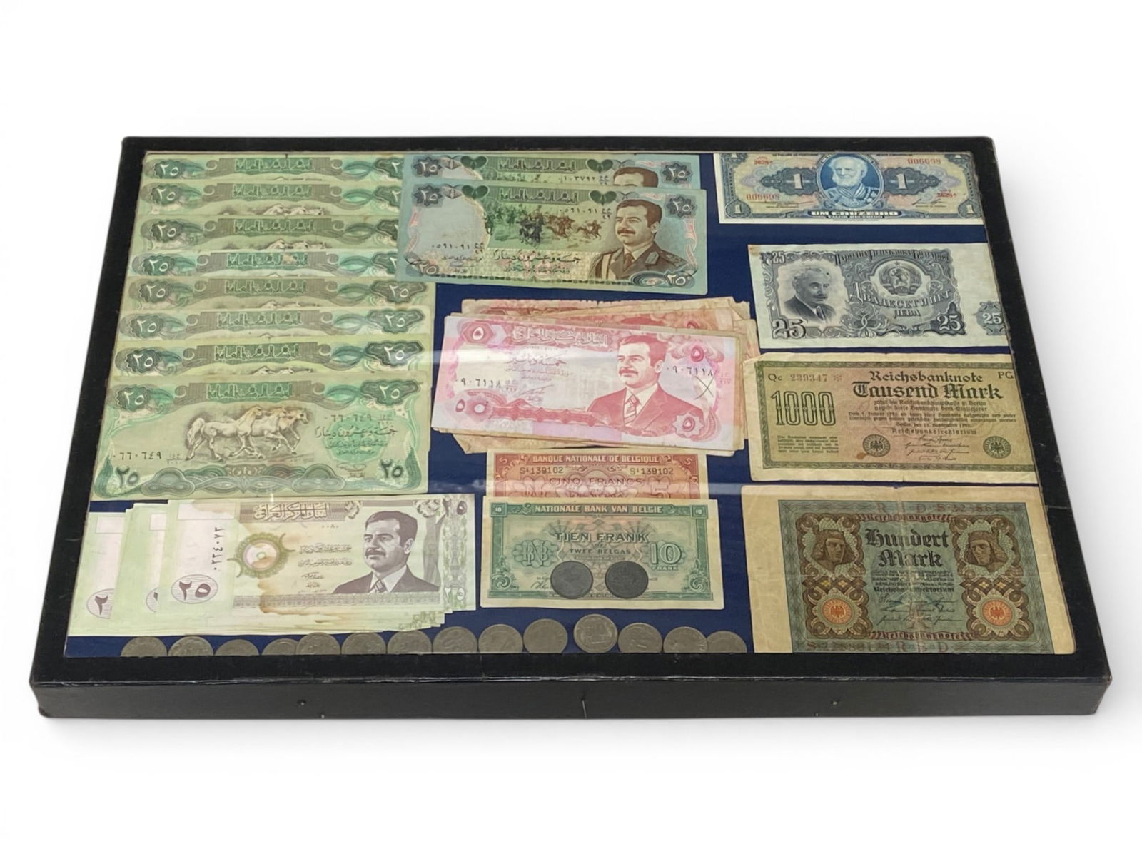 Riker Case of Various Country Currency: German, French, Arabic, and More. See Photo . 