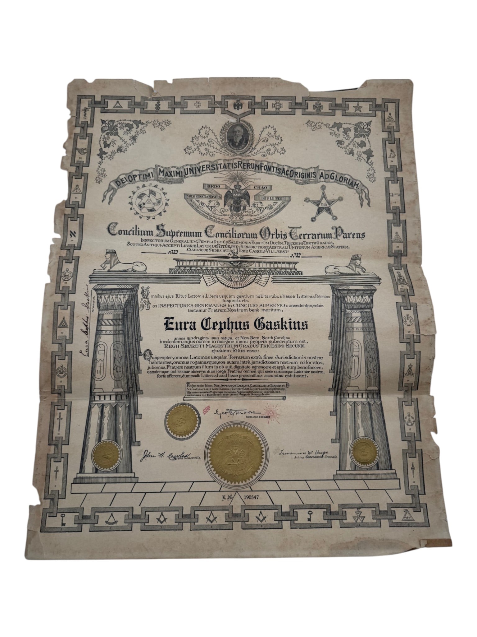 1920 Masonic Certificate New Bern NC to Eura Baskins: See Photos 