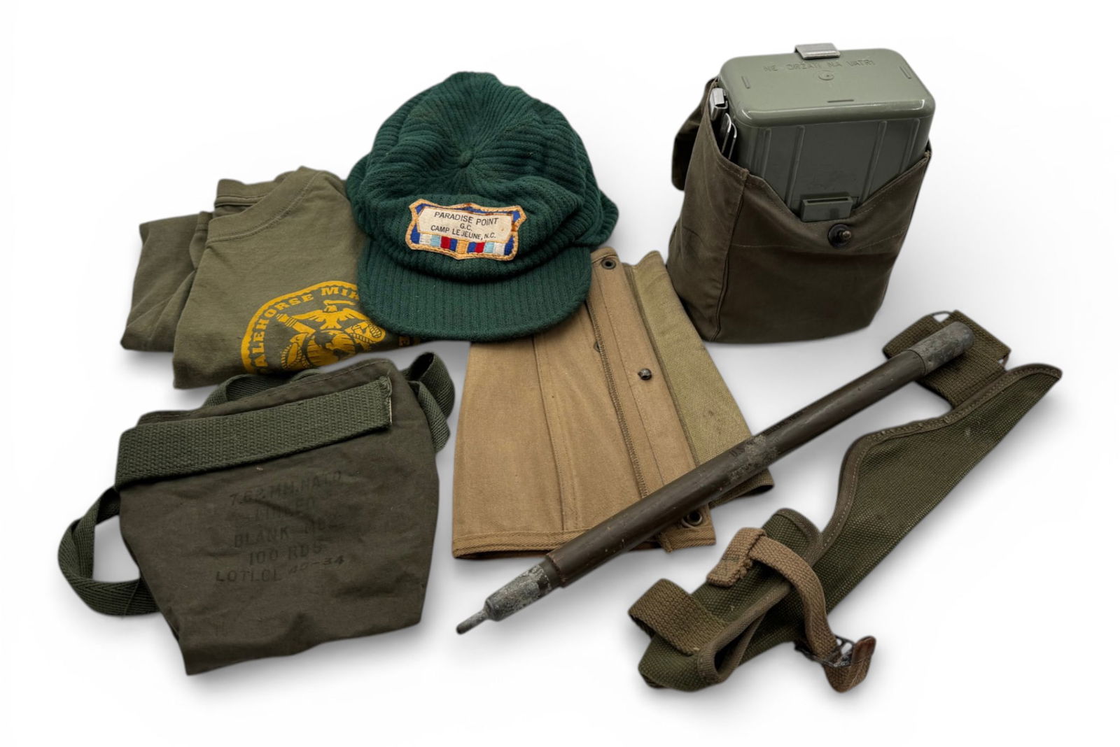 Misc Military Lot: Camp Lejeune Hat, Yugo Mess Kit, Mortar Cleaning Rod Section, 7.62 Blank Pouch, Gators, and Marine Corps Pullover. See Photos 