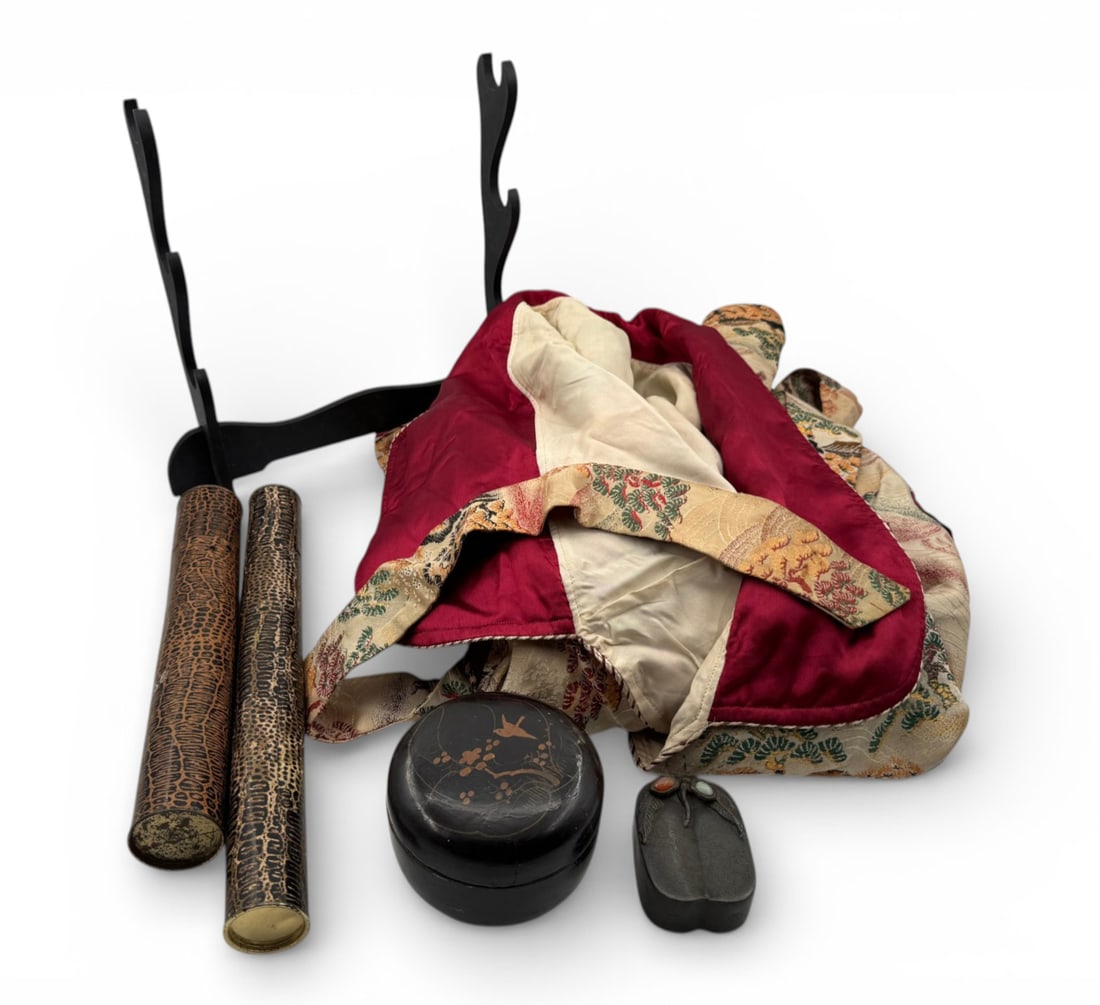 Vintage Japanes Items Lot: Glass, Tin, Bowl, Sword Display, Korean War Photo, Japanes Art of a Bird, Letter, Photos, Book, and Robe. See Photos. 