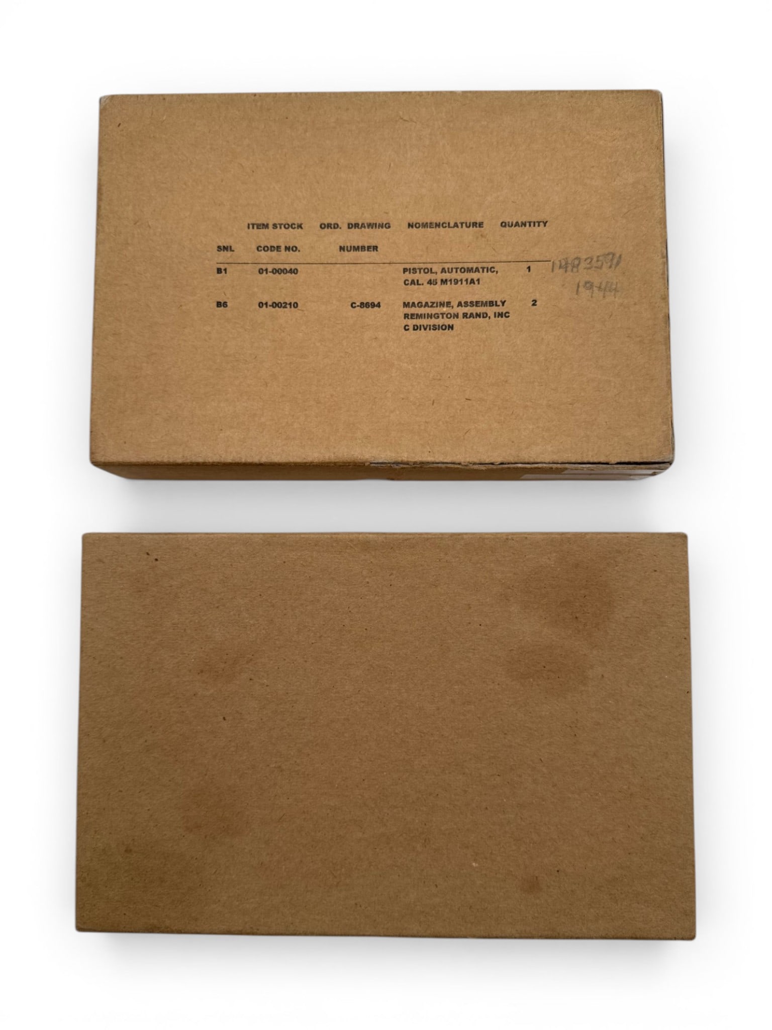 (2) Kraft 1911A1 Shipping Boxes: See Photos. One stamped inside Cylinder & Slide, Inc. NE 