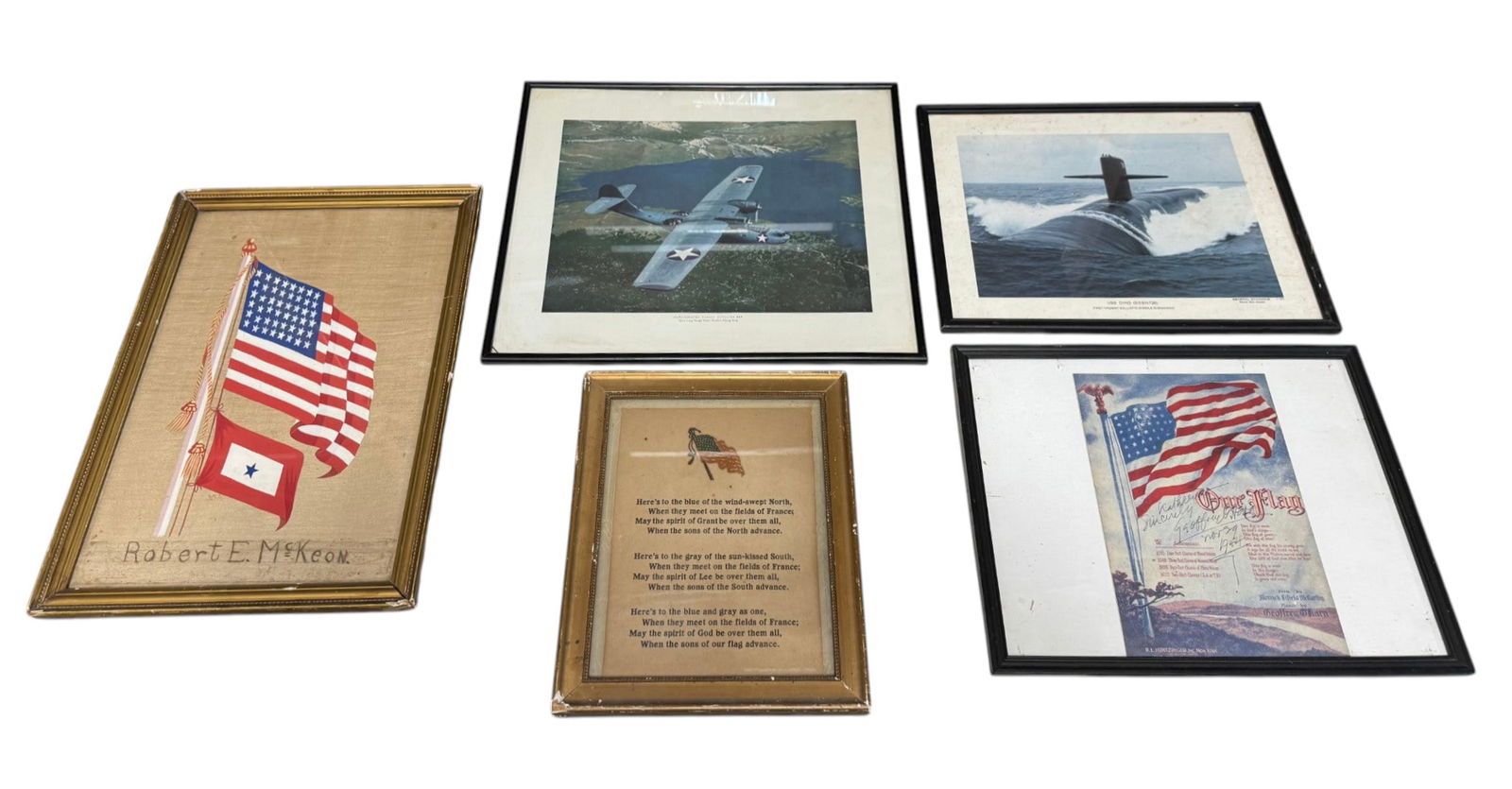 Lot of (5) Picture Frames with Pictures: Plane, Civil War Poem, Our Flag Song, Submarine, and Soldier Away From Home. See Photos. 