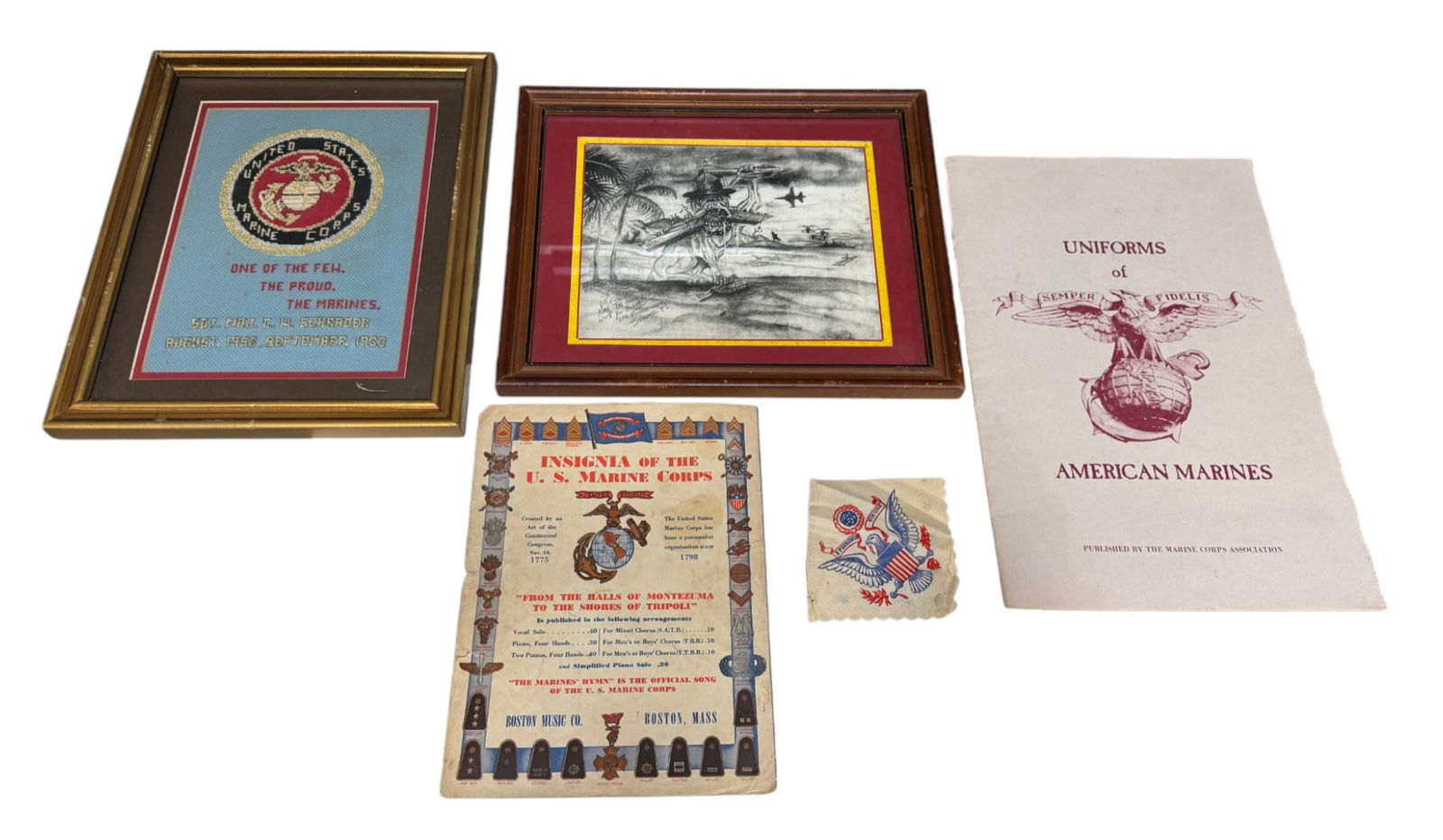 Marine Corps Lot: Framed Poster art named to a Lt Col, Song Book, Napkin, Photos of the Marine Corps Uniform, and Honoring a SGT Major 1953 Service. See Photos. 
