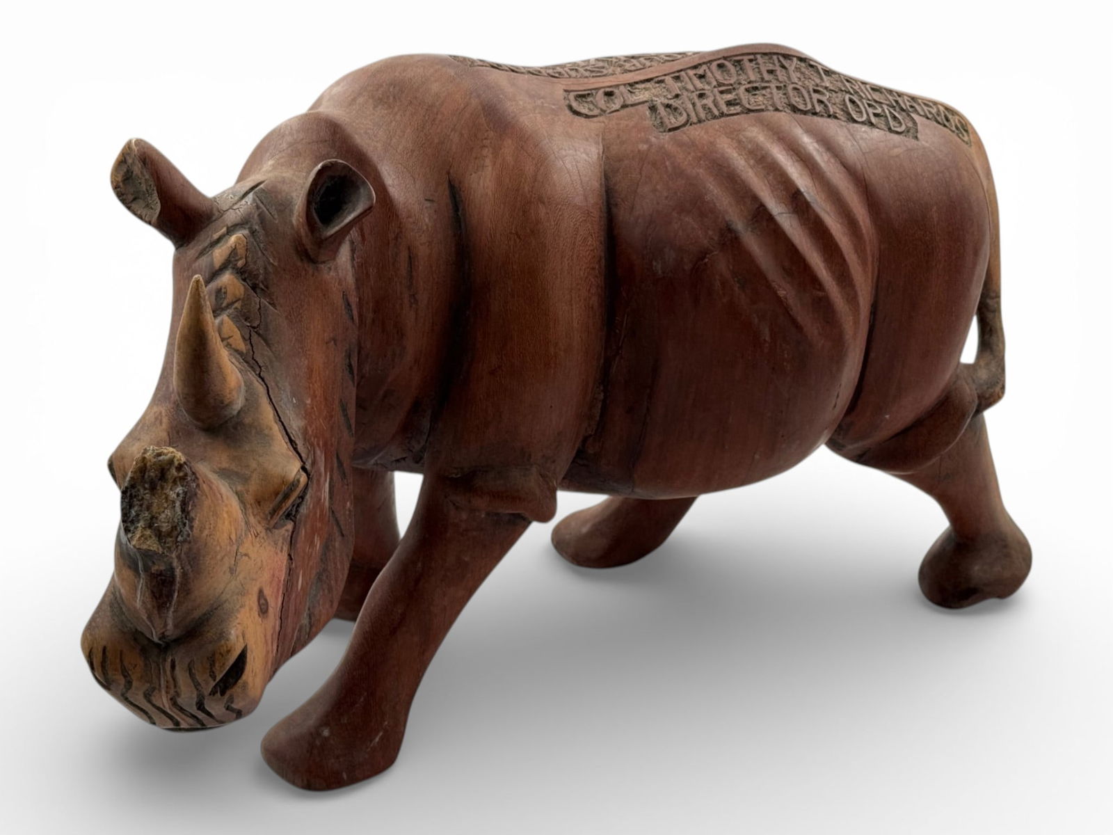 Hand Card Rhino For Gratitude Named to a Col Timothy Richards: 21.2lbs. Apprx 12x22". | Reads, "Thank you for your support AT/FP Division." Rhino is Missing Horn But Overall Great Condition.