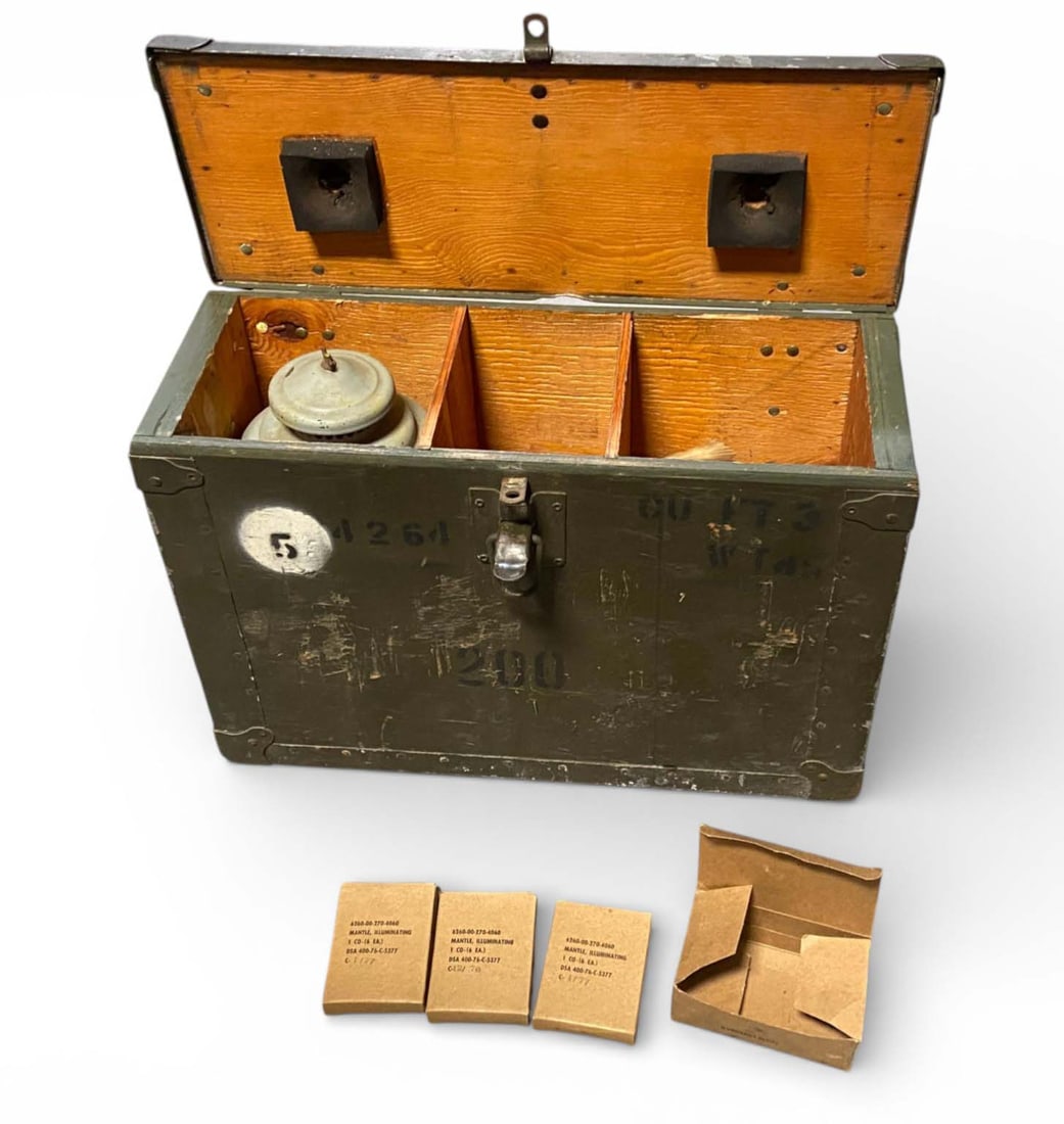 Collectible US Military Quantam Globe Gasoline Lantern in Box with Extras: *ADDITIONAL SHIPPING CHARGE DUE TO WEIGHT AND SIZE* | Comes in box, manual, extra glass, mounting hook, and more. See Photos. 