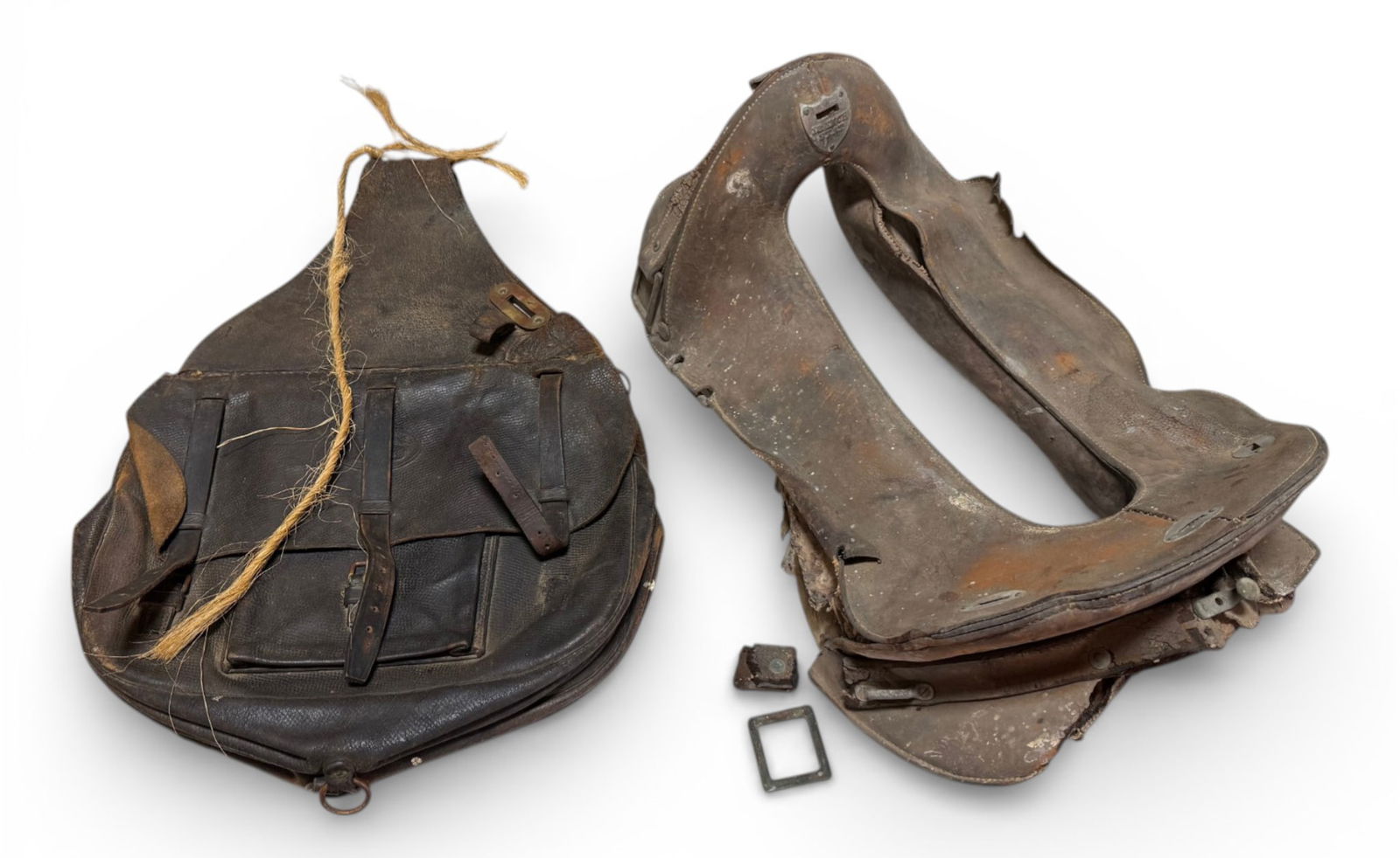 WWI Calvary McMillan Saddle and Saddle Bags: Saddle bag is marked Rock Island Arsenal. Nicely US marked. Leather is pliable and in good condition with honest wear. Saddle is in pretty rough condition. The real prize is the saddle bag