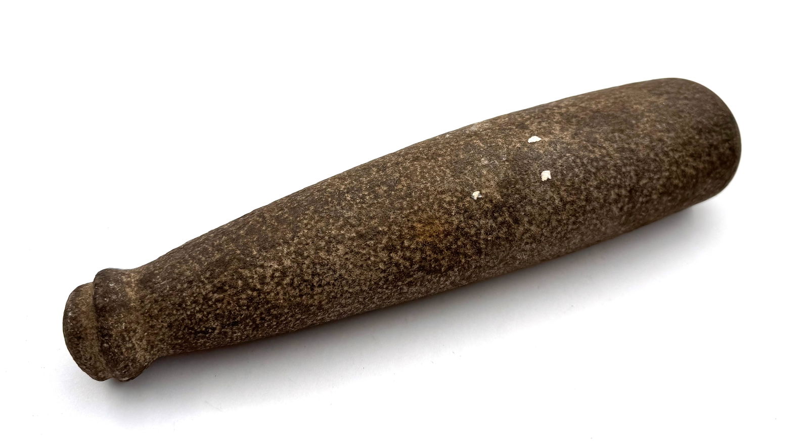 Excellent Large 11" New Zealand Maori Stone Pounder/Pestle: Nicely shaped like a bottle with light polish and writing on the handle side is worn, but there was definitely something there. Measures approximately 11” long, 2.5 wide 