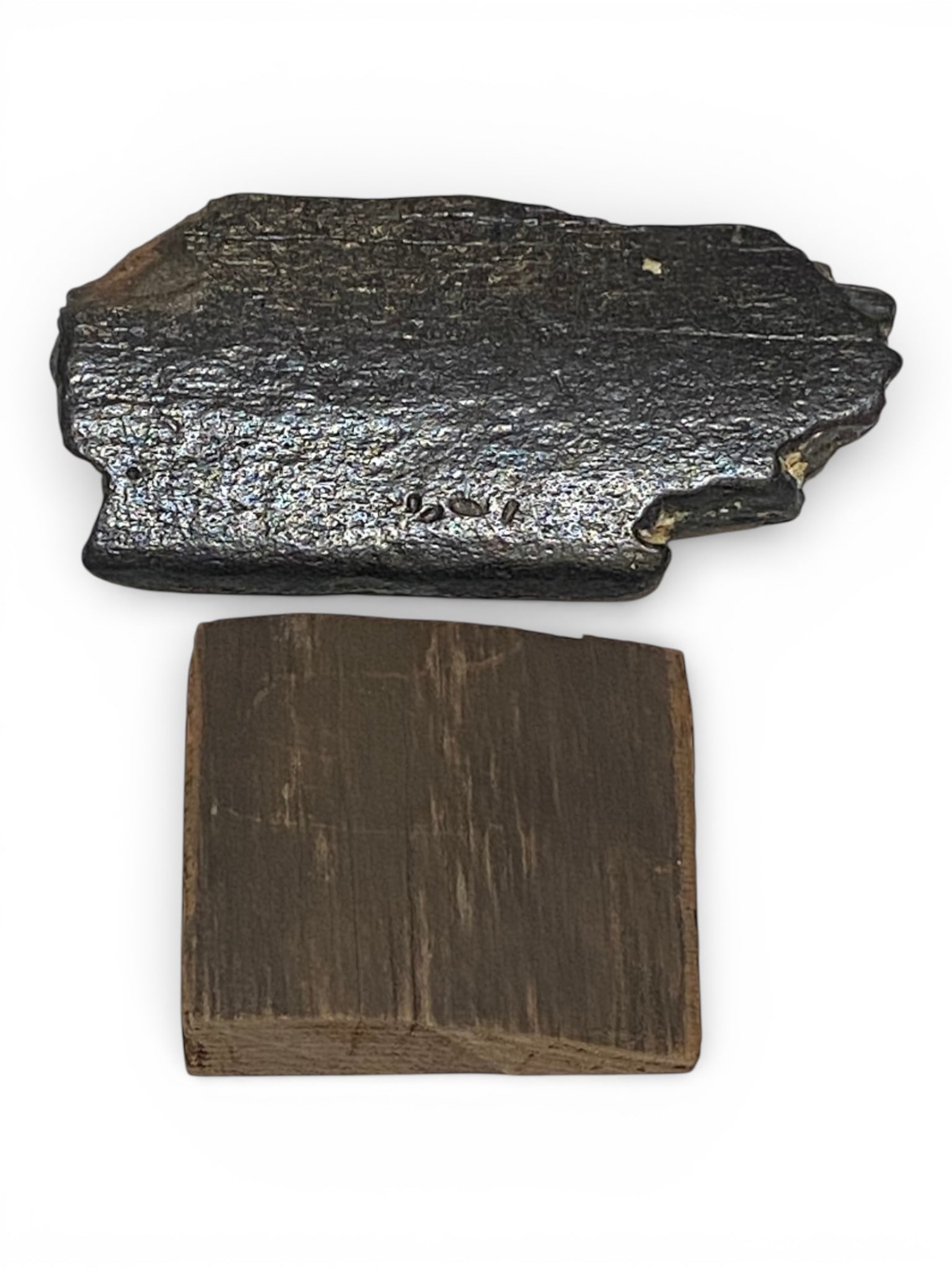 Fossilized Bone and Petrified Wood: Petrified wood is a nice and large piece. The piece believed to be a fossilized bone feels metallic and weighs 1.1 Lb. 