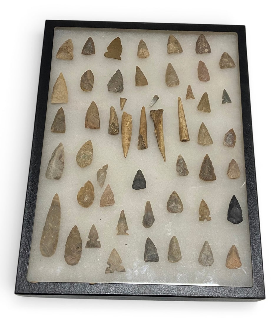 Large Collection of Native American Artifact Spear Points, Arrowheads, Knives and Bone in Riker C...: This is a nice assortment here