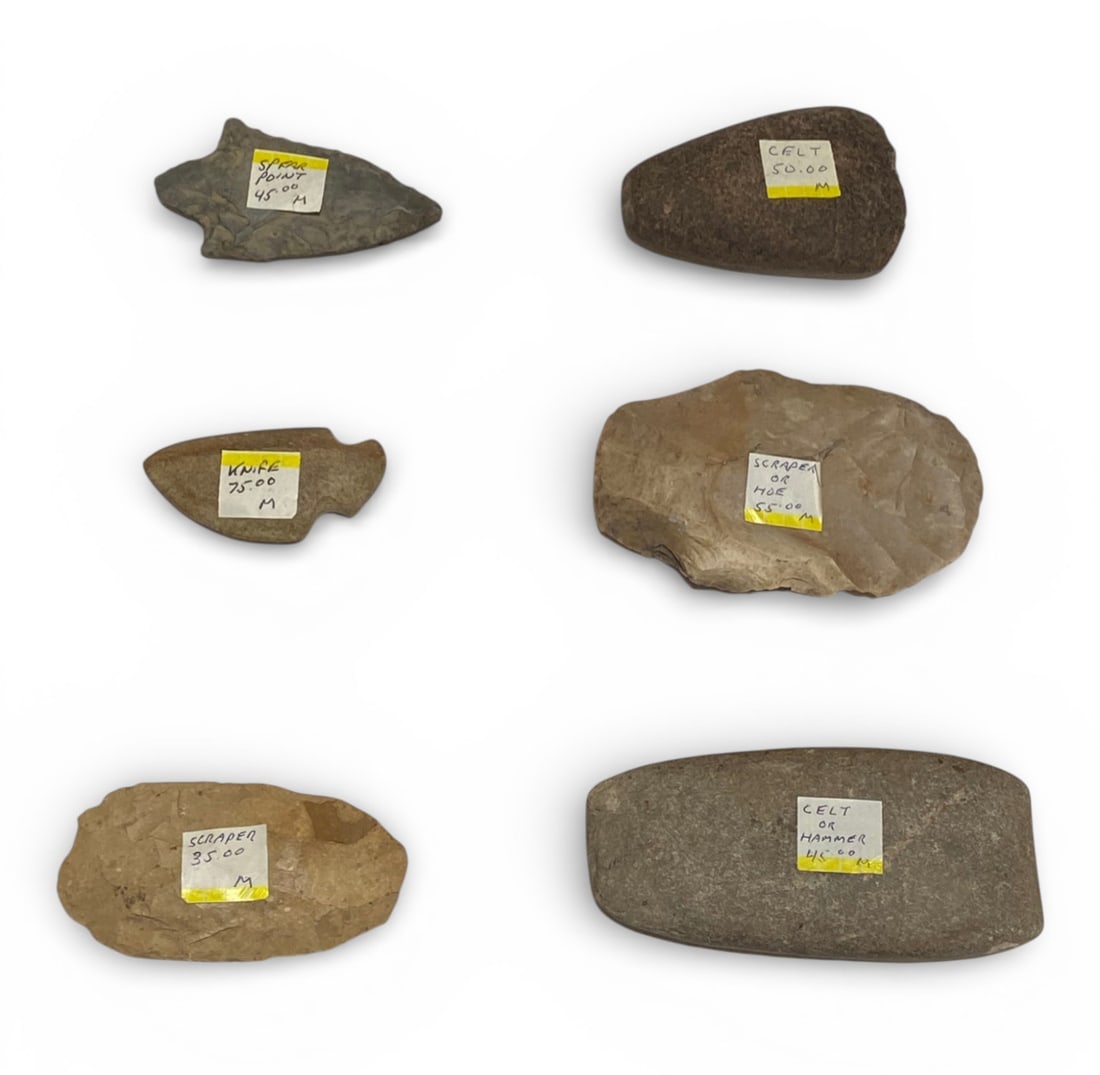 Collection of (6) Native American Artifact Spear Points, Celts, Scrapers and Knife - 3