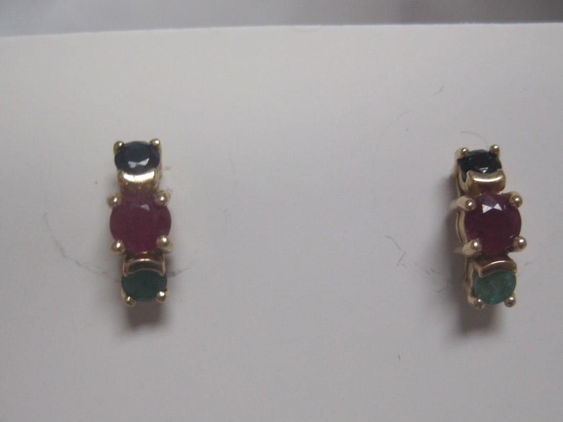 14k Gold Ruby, Sapphire, & Emerald Pierced Earrings: A trio of stones in each, curved design 