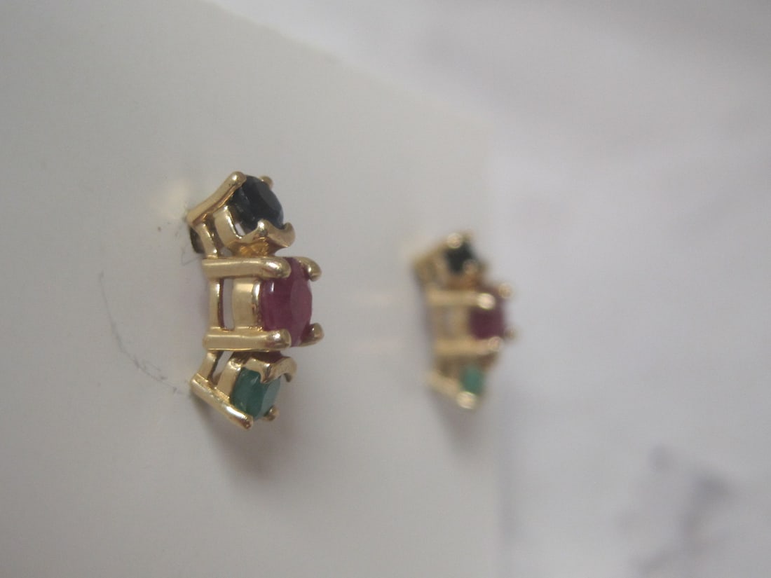 14k Gold Ruby, Sapphire, & Emerald Pierced Earrings - 3