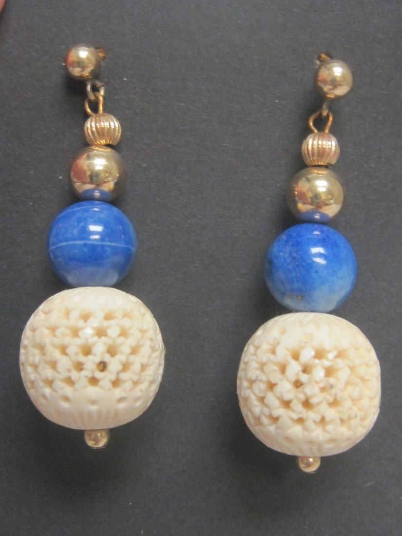 14k Gold Lapis Carved Pierced Earrings (1 of 3)