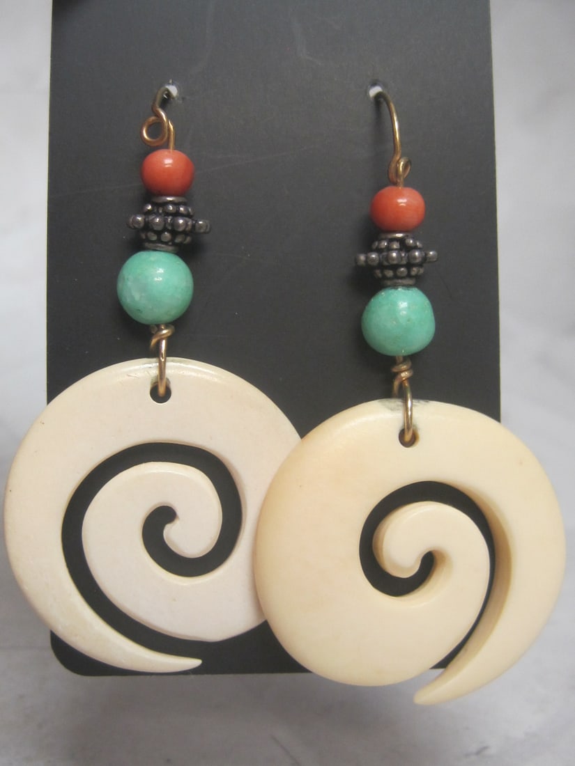 Artisan Carved Turquoise & Coral Earrings: 2 1/2" long 