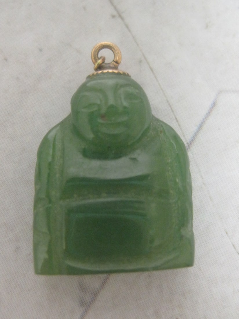 Chinese Carved Jade Buddha Pendant with 14k Gold Top: . 