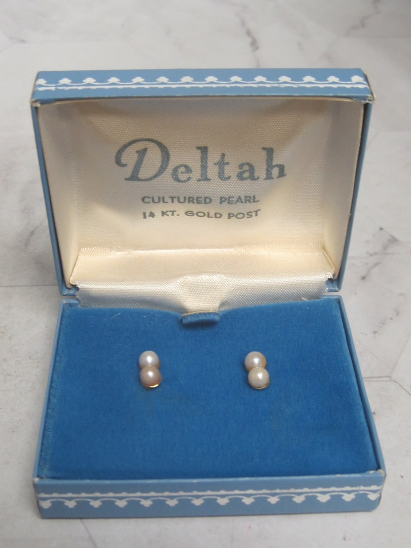 Pearl Earrings with 14k Gold Posts: 1960's, 2 pearls in each, in original Deltah box 