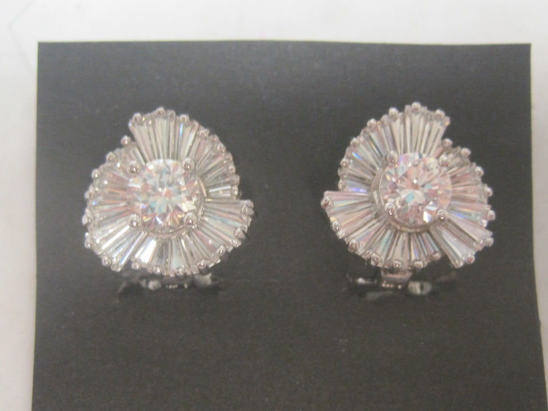 Elaborate Sterling Silver CZ Pierced Earrings: Round & baguette cut, Art Deco style swirling flower design 