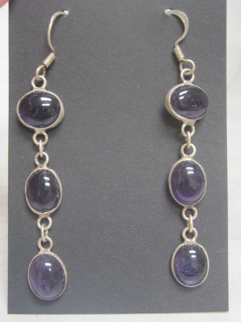 Sterling Silver & Amethyst Earrings: Each with 3 dangling cabochons