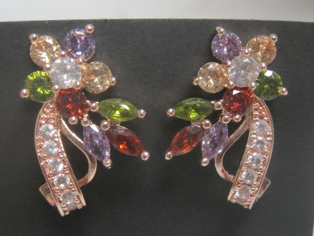 Multi Gem Pierced Earrings: Rose gold, vermiel, includes amethyst, peridot, garnet, & more, fancy floral