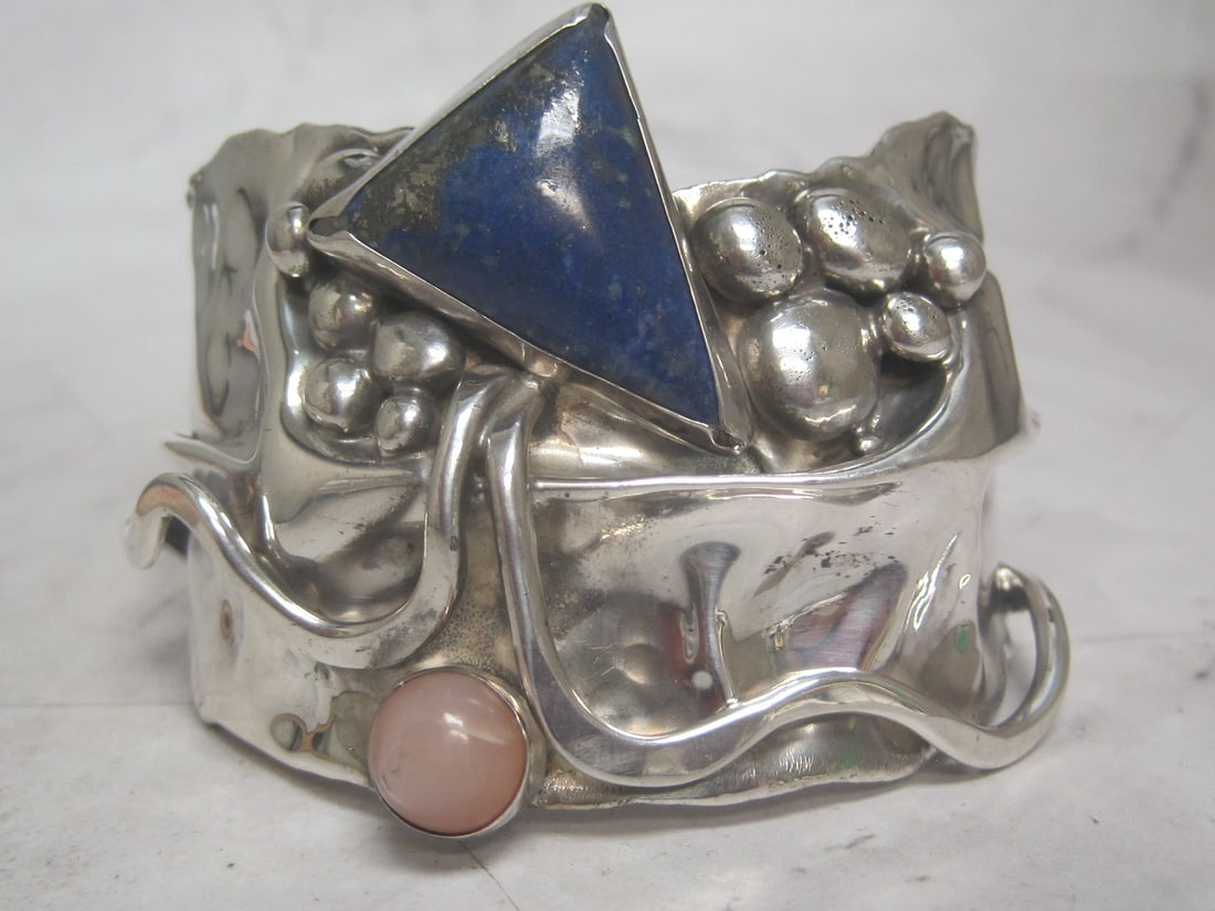 Sterling Silver Lapis & Pink Moonstone Bracelet: Weighs 65 grams, adjustable wrist size, Artisan piece, cuff style
