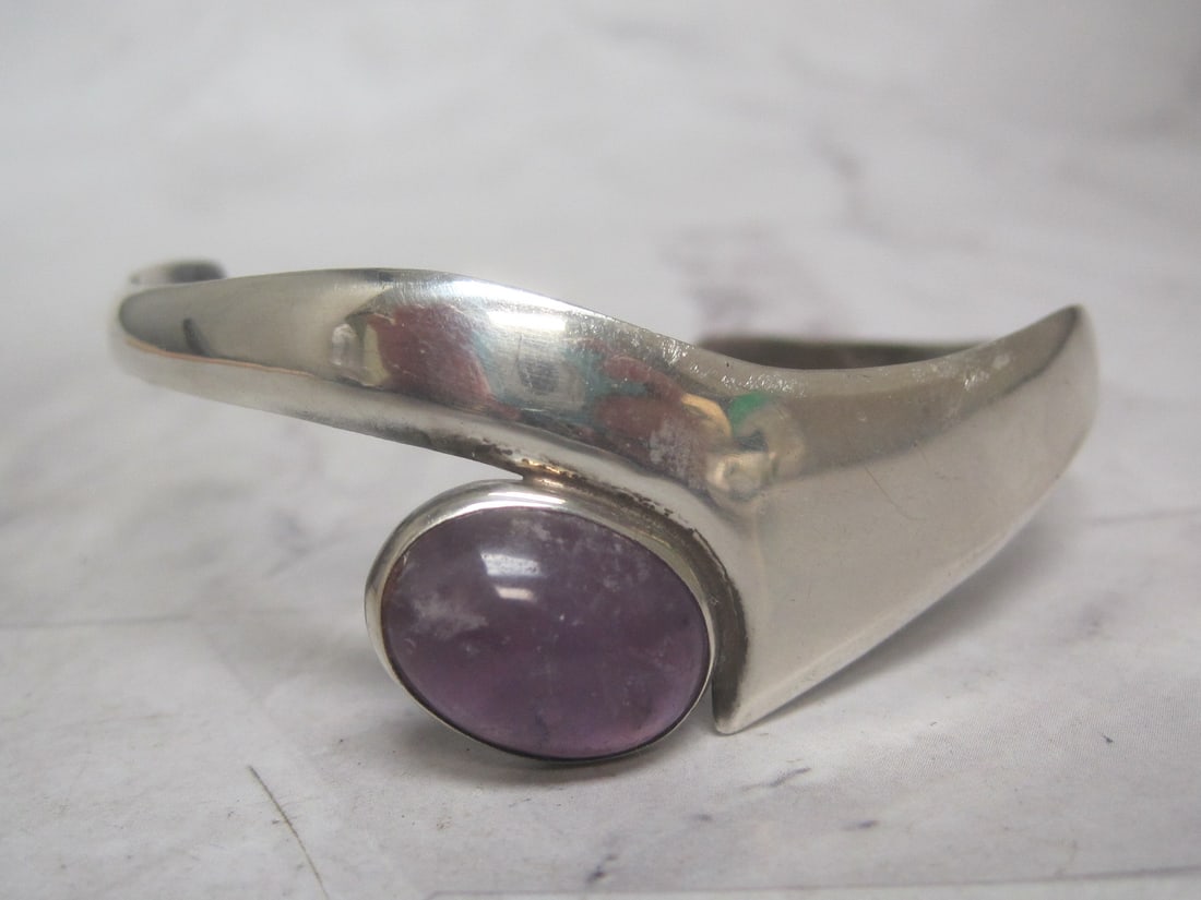 Sterling Silver Amethyst Cuff Bracelet: Weighs 18 grams, Artist signed 