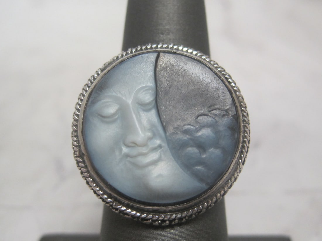 Sterling Silver Man on the Moon Ring: Size 6 3/4, Cameo style crescent moon & clouds, fancy openwork setting 