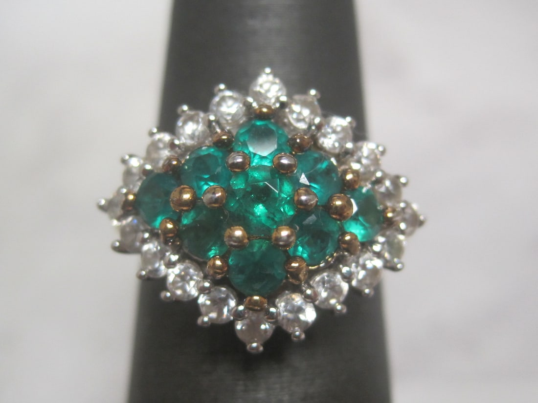 Gold on Sterling Silver Ring: Weighs 4.6 grams, Size 6, Faux emeralds & diamonds, Looks so real!